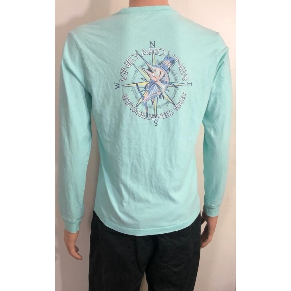 Vineyard Vines Mens Long sleeve Fish Compass Graphic Pocket T-Shirt Blue Sz XS